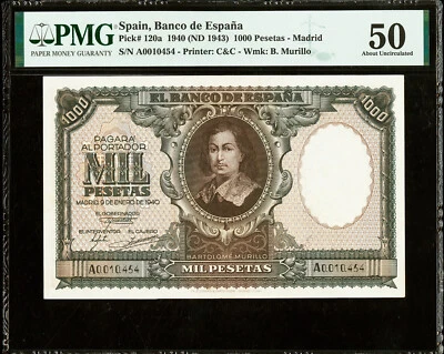 Spain 1000 Pesetas 1940 (ND 1943) Serial A0010454 Pick-120a About UNC PMG 50 - Image 1 of 2