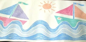 Crayon Art Sailboats Boat Tan Blue Pink Kids Wallpaper Border Nautical Ocean NIP - Picture 1 of 1
