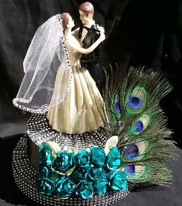 Wedding Cake Topper,Centerpiece,Peacock Feathers,Bride and Broom,Gift,Favors,Par
