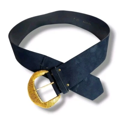 Cinturón Negro Gamuza sobre Vinilo Ancho Tono Dorado Grande Hebilla Talla Pequeña Foto 1 de 4