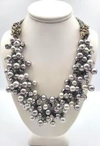 Stella & Dot Rhinestone Silver Faux Pearl Bib Statement Necklace Silver Tone - Picture 1 of 13