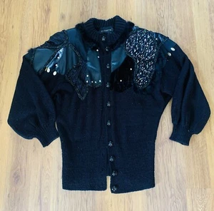 Vintage 1980’s Crochetta Black Leather, Fur, Sequins Sweater Size Small / Med. - Bild 1 von 14