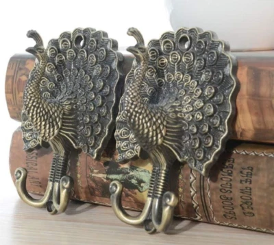 VINTAGE PAIR BRASS &Metal Gold PEACOCK Double Hook Wall Mounted Bird Coat Hanger - Image 1 of 4