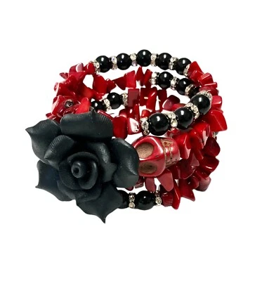 Pulsera Calavera Azúcar Roja Día de Muertos Joyería Rosa Negra Envoltura B20 Foto 1 de 4