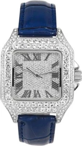 Techno Pave 32mm Iced Out Blue  Leather Band Watch – Square Shape, Roman Dial - Picture 1 of 4