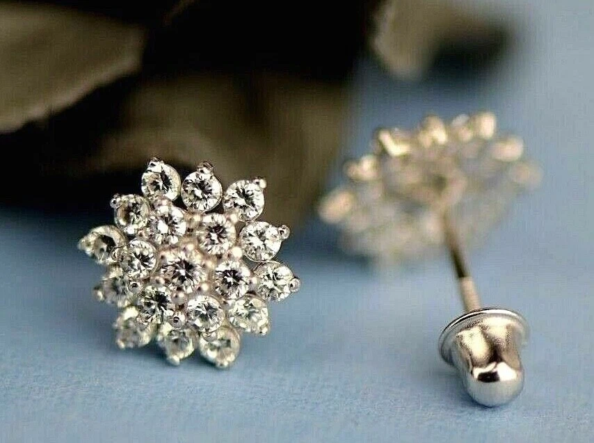 Solid 14k White Gold Birthstone Flower Cubic Zirconia Stud Screw Back Earrings - Image 1 of 1