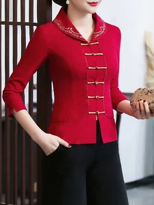 Women's Shirt Front Buttoned Tang Suit Top Three-quarter Sleeves Sequined Lapel - Picture 1 of 9
