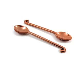JUEGO DE 6 CUCHARADITAS ARTESANALES CHAPADAS EN COBRE DE DISEÑO VIBHSA NUEVAS EN CAJA - Imagen 1 de 5