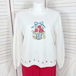 Alfred Dunner Pullover Damen XL weiß bestickt Blumenkorb Grannycore Cottag - Bild 1 von 12