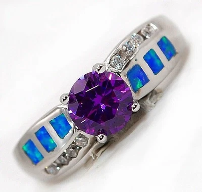 1CT Amethyst & Australian Opal Inlay 925 Sterling Silver Ring Sz 8 AT2 - Image 1 of 3