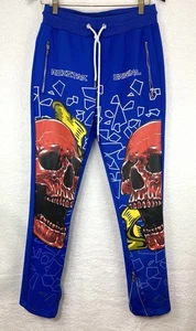 Rockstar Original Sweatpants Mens Small Blue Skull Print Ankle Zip Y2K Retro - Picture 1 of 11