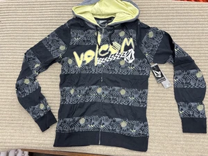 Volcom Hoodie Mens Medium Black Zig Zag Jersey Zip Full Zip Sweatshirt Pullover - Picture 1 of 13