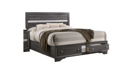 Cama de almacenamiento estilo tradicional king size hecha con madera en color gris Foto 1 de 4