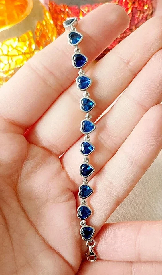 Brazalete Tenis 7 Ct Corazón Zafiro Simulado Forma Corazón Chapado en Oro Blanco 14K Foto 1 de 4