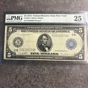1914 $5 FRN Five Dollar Fr 851A White-Mellon Sig PMG Very Fine 25 Net MINOR Rust - Picture 1 of 12