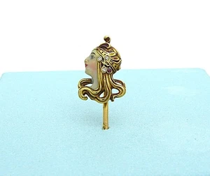 ANTIQUE ART NOUVEAU ENAMEL DIAMOND LADY PIN BROOCH - Picture 1 of 5