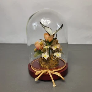 Vintage Taxidermie Schmetterling in Glaskuppel Display Sockel getrocknete & künstliche Blumen UK - Bild 1 von 15