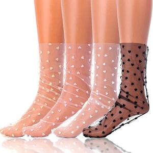 4 Pairs Womens Lace Ankle Socks, Sheer Tulle Heart, See-Through Frilly - Picture 1 of 7