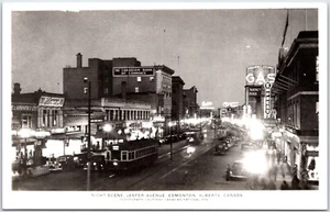 Postcard RPPC Edmonton Alberta Night Scene Jasper Avenue Signs Trolly  - Picture 1 of 2