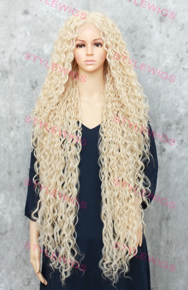 Light Blonde Extra Long Spiral Curls Lace Front Human Hair Blend Wig EVGP - Image 1 of 4