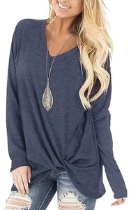 Womens Tops Long Sleeve Shirt V Neck Loose Fit Twist Knotted Tunic Blouse XL - Picture 1 of 4