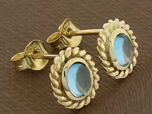 E078 Genuine 9K Gold Natural Swiss Topaz Oval cabochon STUD Earrings rope twist - Bild 1 von 4