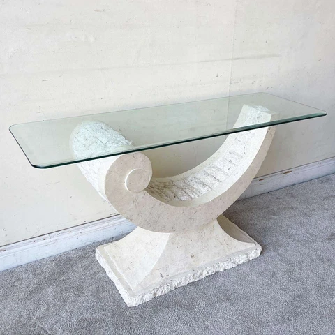 Postmodern Tessellated Stone Sculpted Glass Top Console Table Cover