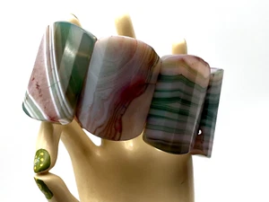 Vintage Bracelet Striped Onyx Natural Stones Wide Chunky Elastic pink green - Picture 1 of 7