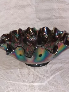 Vtg Fenton Black Amethyst Iridescent Carnival Glass Ruffled Edge Bowl Holly... - Picture 1 of 3