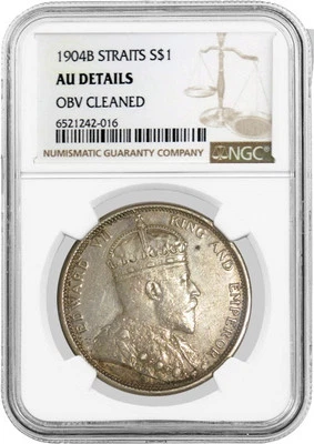 1904 B British Colony Straits Settlements $1 Silver NGC AU Details Obv Cleaned - Image 1 of 4