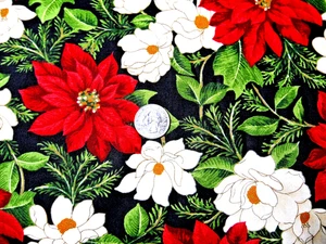MODA FABRICS #32670 POINSETTIAS ,PINE ALL OVER ON BLACK BTY - Picture 1 of 1