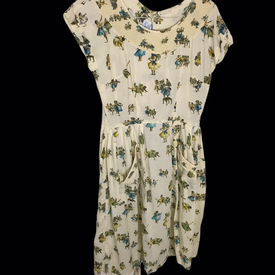 Delantal de pradera vintage de los años 50 para mujer vestido atado remolino cottagecore pequeño Foto 1 de 4