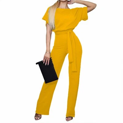 Women Casual Loose Short Sleeve Belted Wide Leg Pant Romper Jumpsuits S-XL - Image 1 of 4