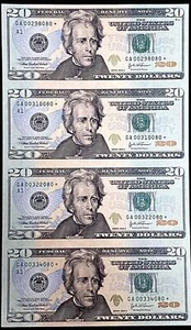 2004 A $20 * STAR UNCUT SHEET OF 4 FEDERAL RESERVE NOTES BANKNOTES FRN - Picture 1 of 2