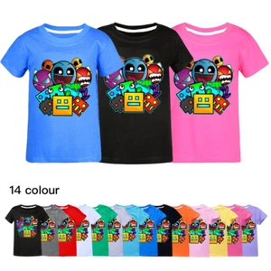 Kids Casual Short Sleeve T-Shirt Tops Boys Girls Geometry Dash- Cotton T-Shirts - Picture 1 of 36