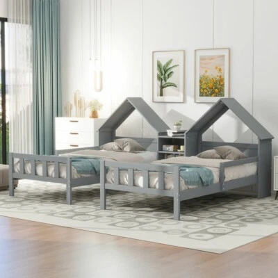 Twin Size Double Montessori Platform Bed, Headboard with House-Shaped for Kids - Image 1 of 4