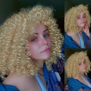 Women's Short Kinky Curly Light Blonde Wigs Shoudler Length Cosplay Wigs  - Picture 1 of 9