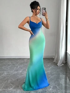 Elegant Ombre Mermaid Maxi Dress with Draped Detail and Spaghetti Straps - Picture 1 of 7