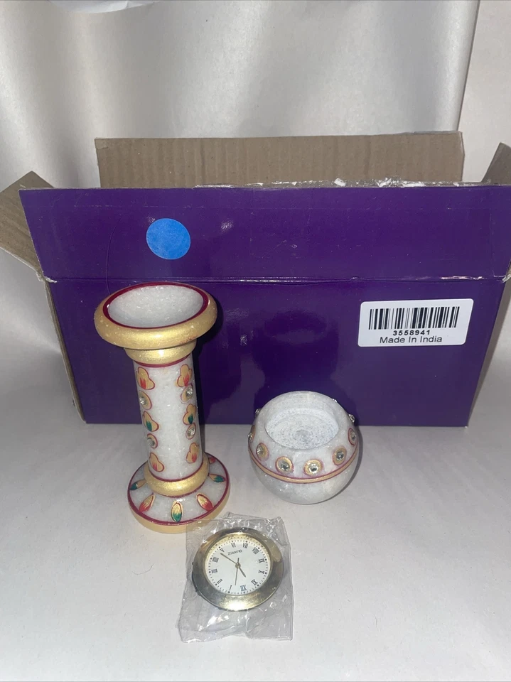 Handcrafter Makrana Marble Table Clock with hand enamelling - Boxed / Untested - Image 1 of 4