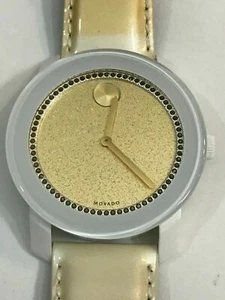 $495 Movado 3600220 Bold Gold Crystal Dial White Leather Strap Women's Watch - Picture 1 of 4