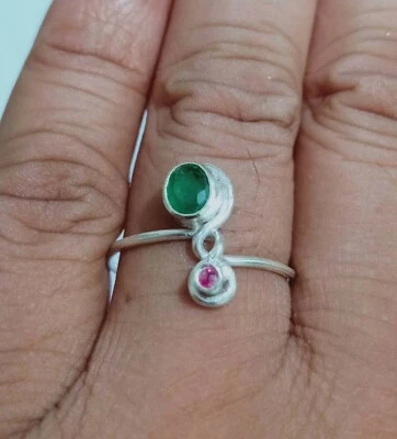 Anello In Argento Sterlingo 925 Minimalista Con Smeraldo E Rubino - Immagine 1 di 4