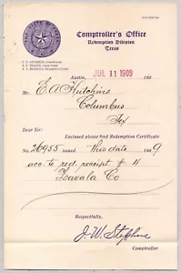 1909 Austin Texas Comtroller's Office Receipt Zavala Co - Picture 1 of 1