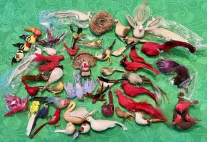 Lot 48 Vtg Real Feathers Wire Pick Spun Cotton Xmas Ornament-Flocked Bird/Nest - Picture 1 of 24