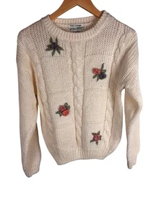 Handgewebte Johannisbeeren Vintage Grobstrick Blume Elfenbein Pullover Medium Cottagecore - Bild 1 von 8
