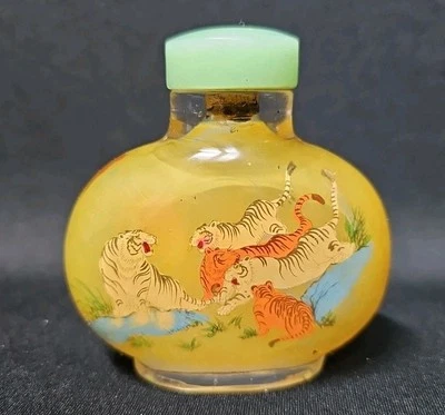 VTG Chinese Inside Painted Snuff Bottle Tigers Wildlife Scene Hardstone Stopper - Image 1 of 4