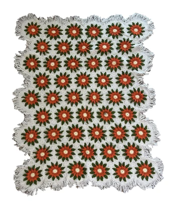 Vintage Handmade Crochet Blanket Poinsettia Flower Red White 3D Fringe - Image 1 of 4