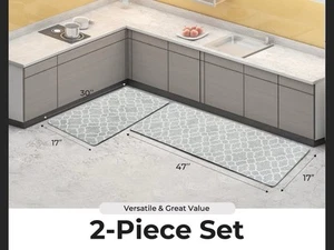 2pc Anti-Fatigue Cushioned Kitchen Mat Set, 17”x30”, 17”x47” Grey Boho Style - Picture 1 of 4