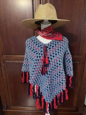 Vintage Handmade Crochet Poncho Red And Blue - Image 1 of 4