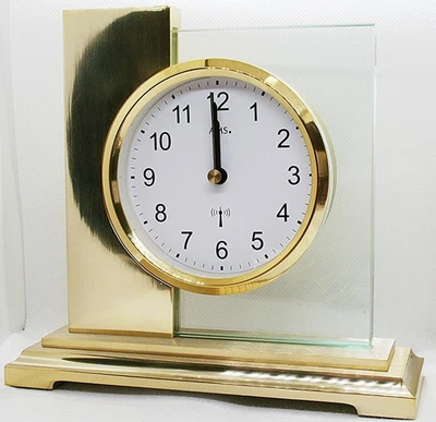 ✅ AMS 5141 Tischuhr Funk goldfarbig eckig modern Metall mit Glas Funktischuhr  ✅ - Bild 1 von 2