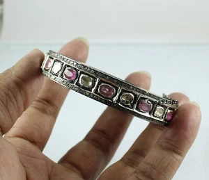 Ruby Bangle Natural Rosecut Diamond Uncut Polki 925 Sterling Silver Bangle - Picture 1 of 2